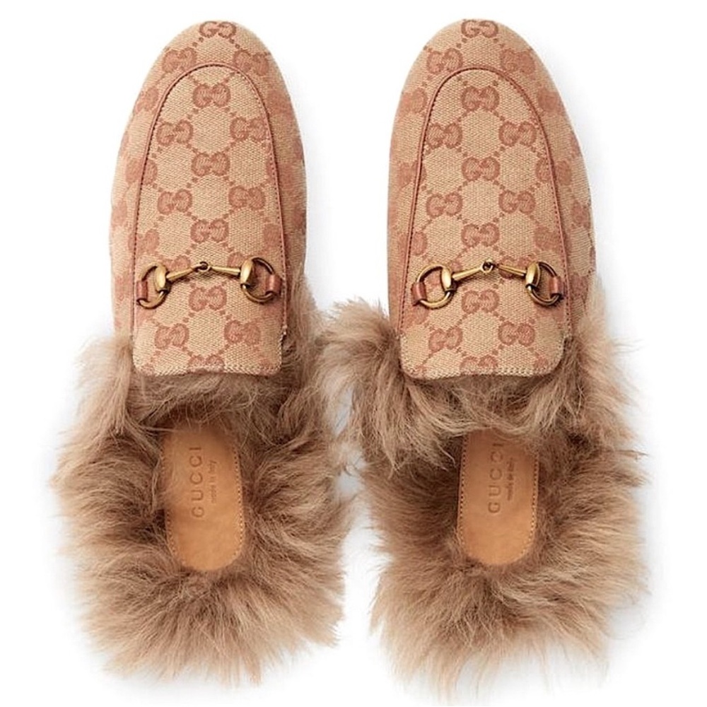 Gucci GG Canvas Lambswool Fur Mules